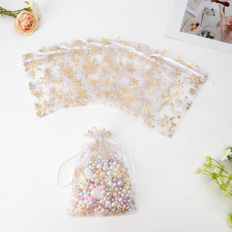 BOEIAC Snowflake Organza Bags, 100 PCS Christmas Sheer Organza Bags with Drawstring 4 x 6 inch, Jewelry Gift Bag, Gold Small Mesh Goodies Xmas Wedding Favor Mini Candy Pouches Bag for Christmas Party Favors - Image 4